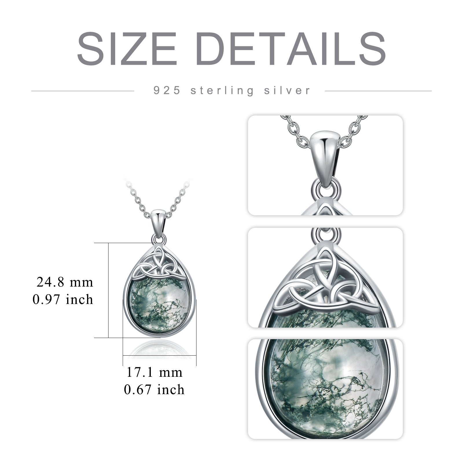 Sterling Silver Teardrop/Pear-shaped Moss Agate Celtic Knot Pendant Necklace