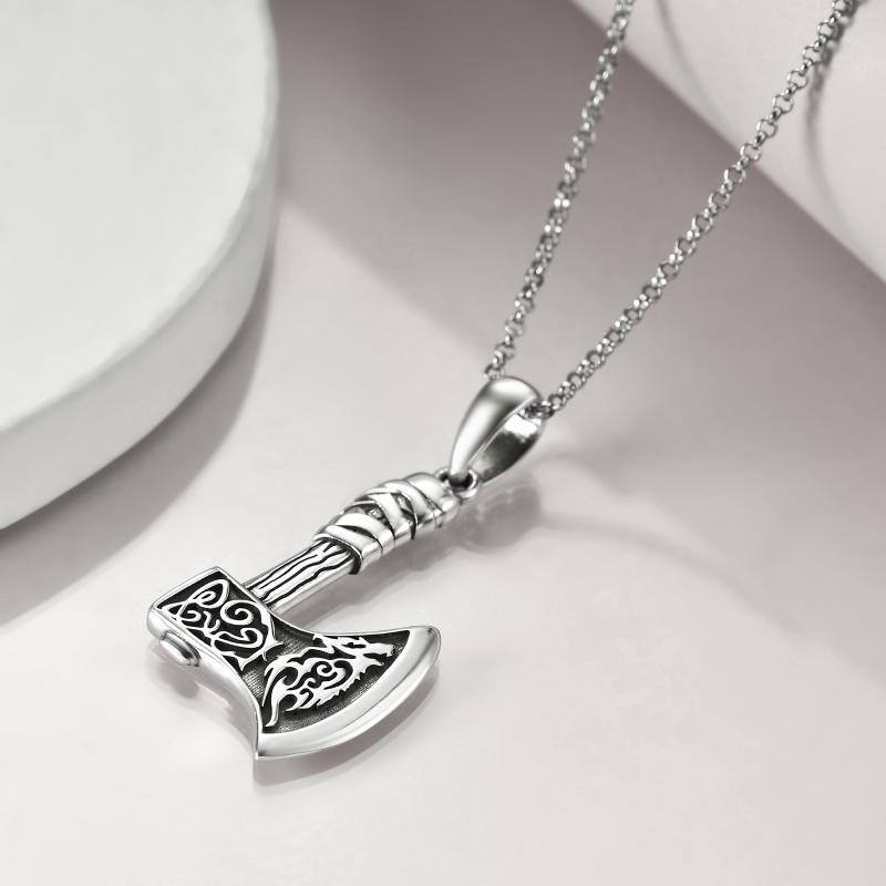 Sterling Silver Thor's Hammer & Wolf Pendant Necklace