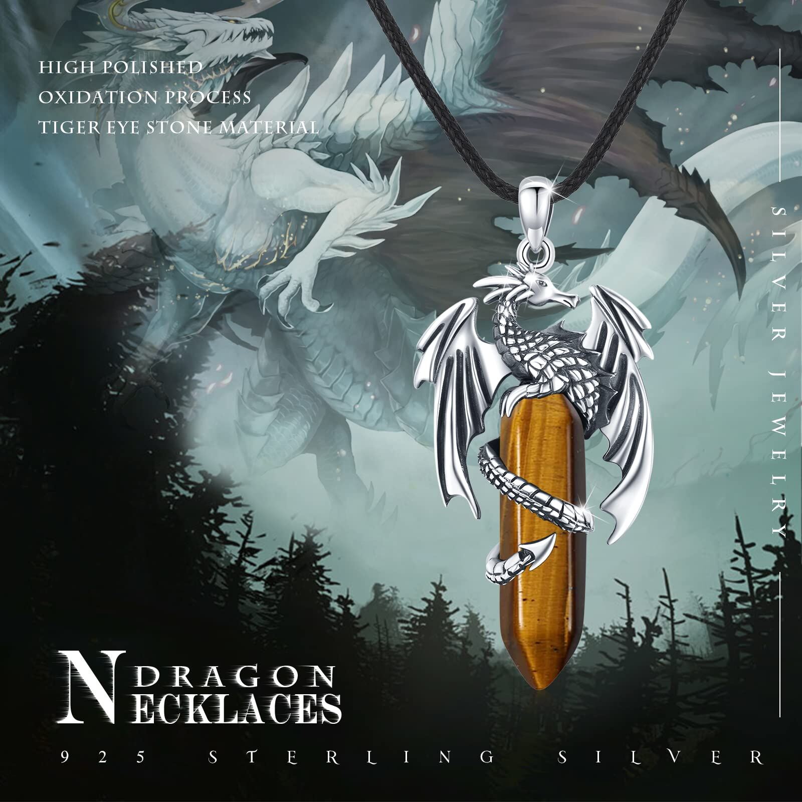 Sterling Silver Tiger's Eye Dragon Pendant Necklace