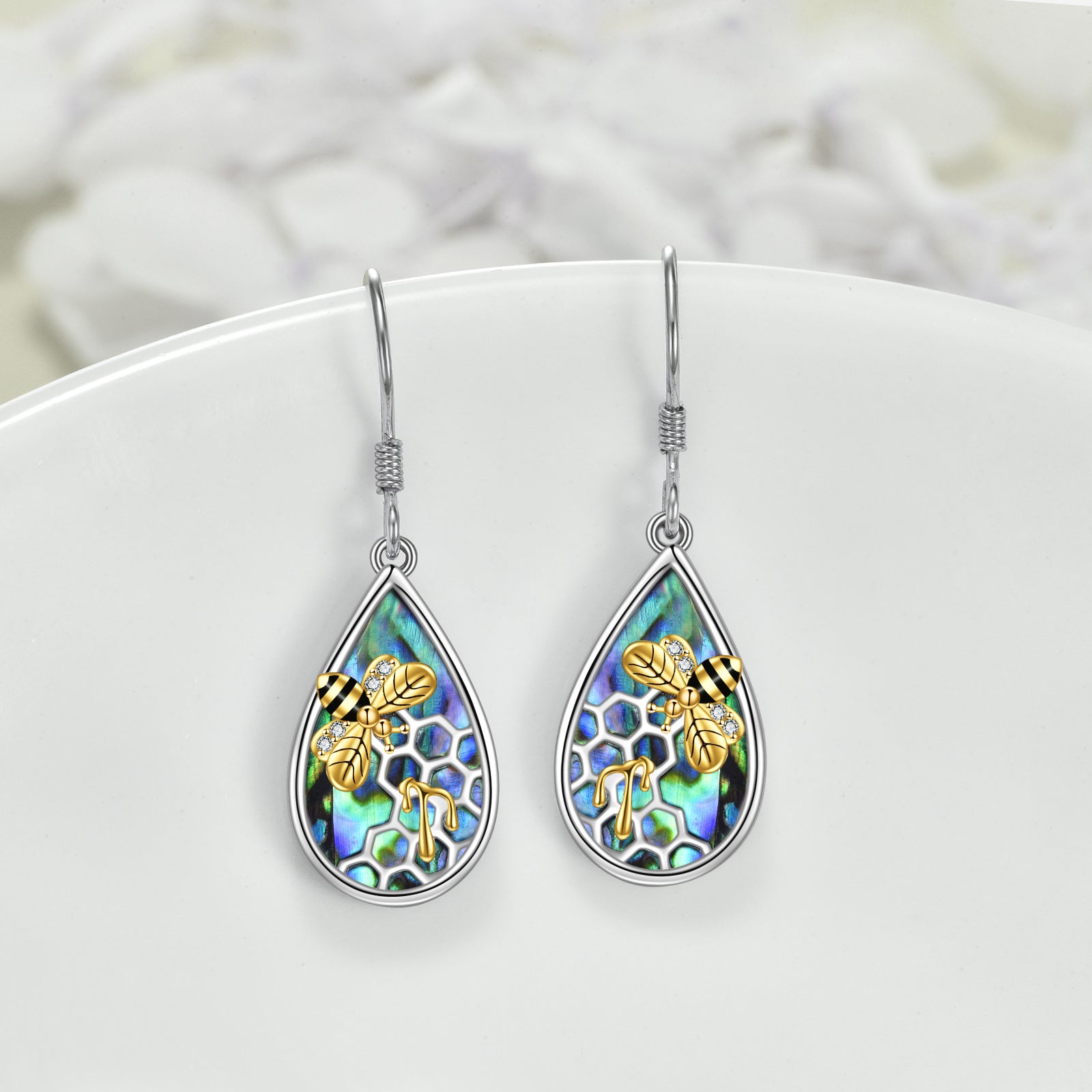 Sterling Silver Two-tone Abalone Shellfish Bee Drop Earrings