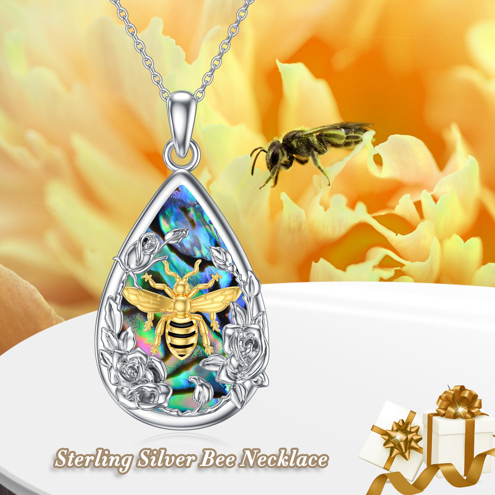 Sterling Silver Two-tone Abalone Shellfish Bee & Rose Pendant Necklace