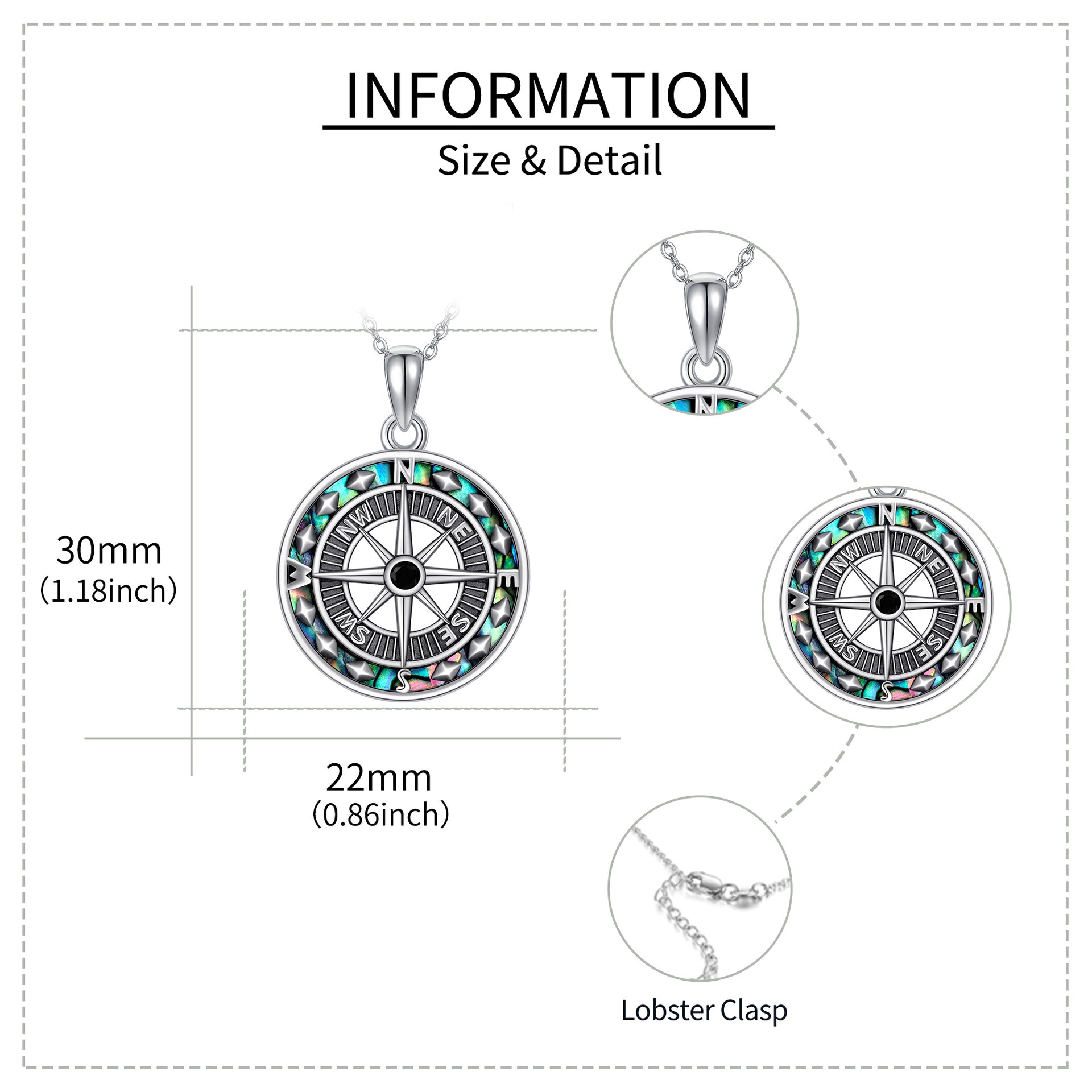 Sterling Silver Two-tone Abalone Shellfish Compass Pendant Necklace