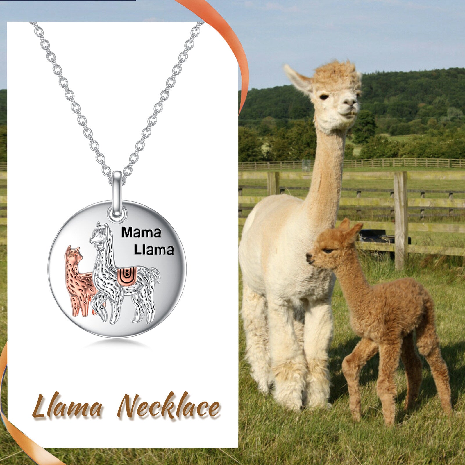 Sterling Silver Two-tone Alpaca Mama Llama Coin Pendant Necklace