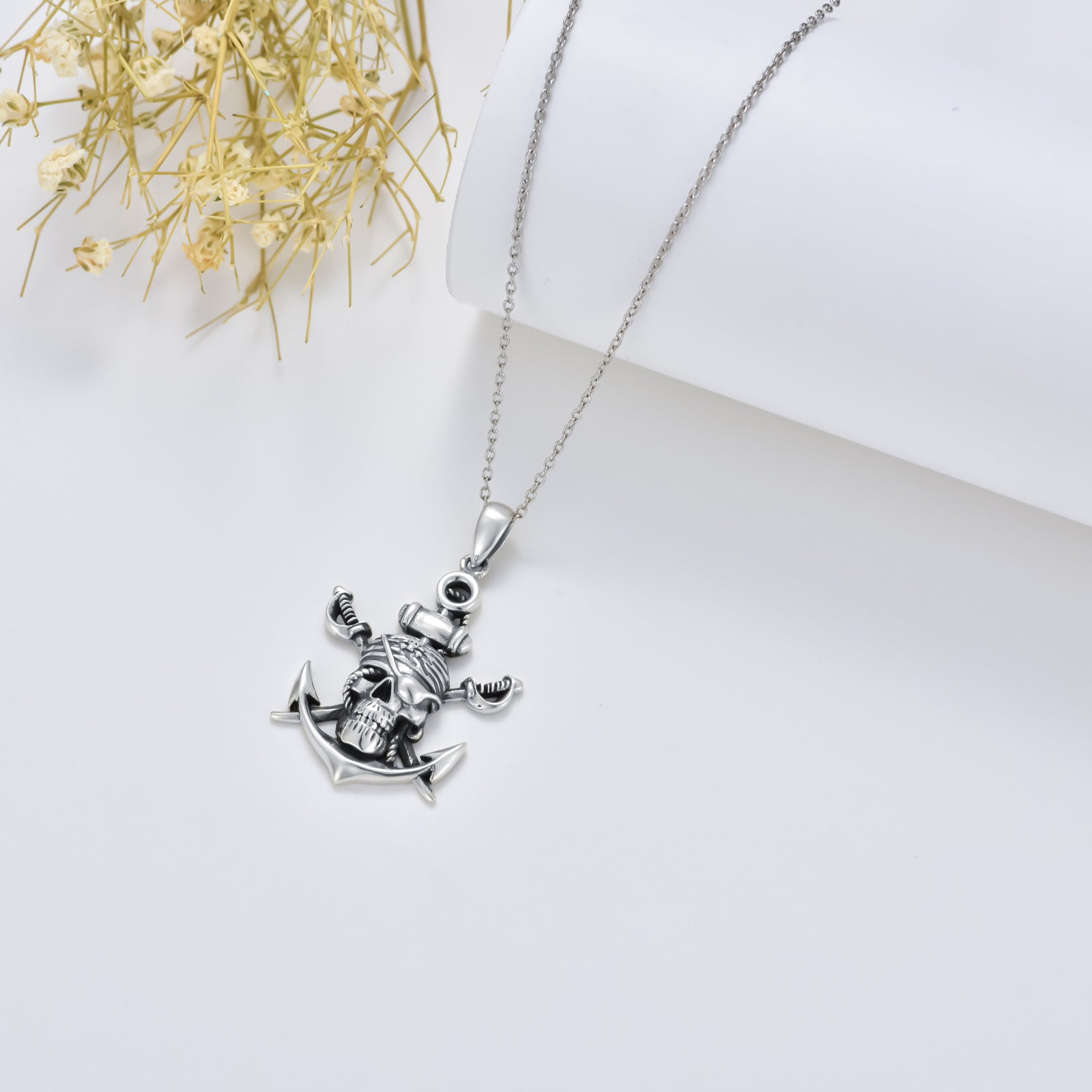 Sterling Silver Two-tone Anchor & Skull Pendant Necklace