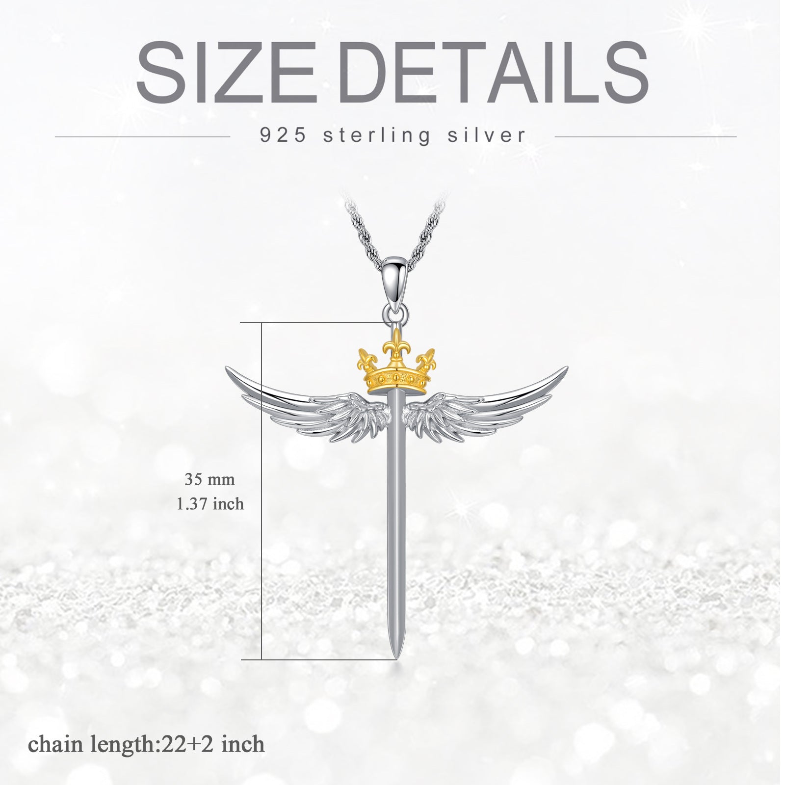 Sterling Silver Two-Tone Angel Wing Cross With Crown Pendant Necklace For Women