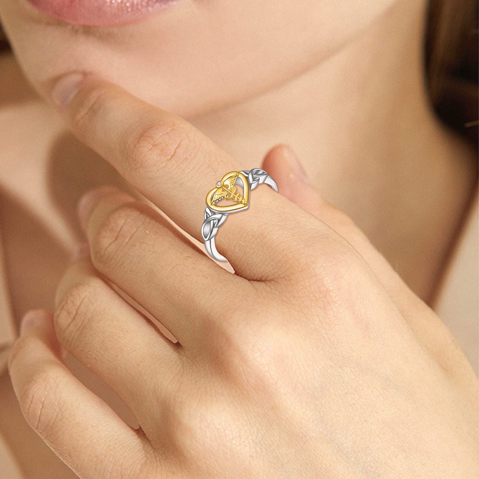 Sterling Silver Two-tone Angel Wing & Heart Ring with Engraved Word