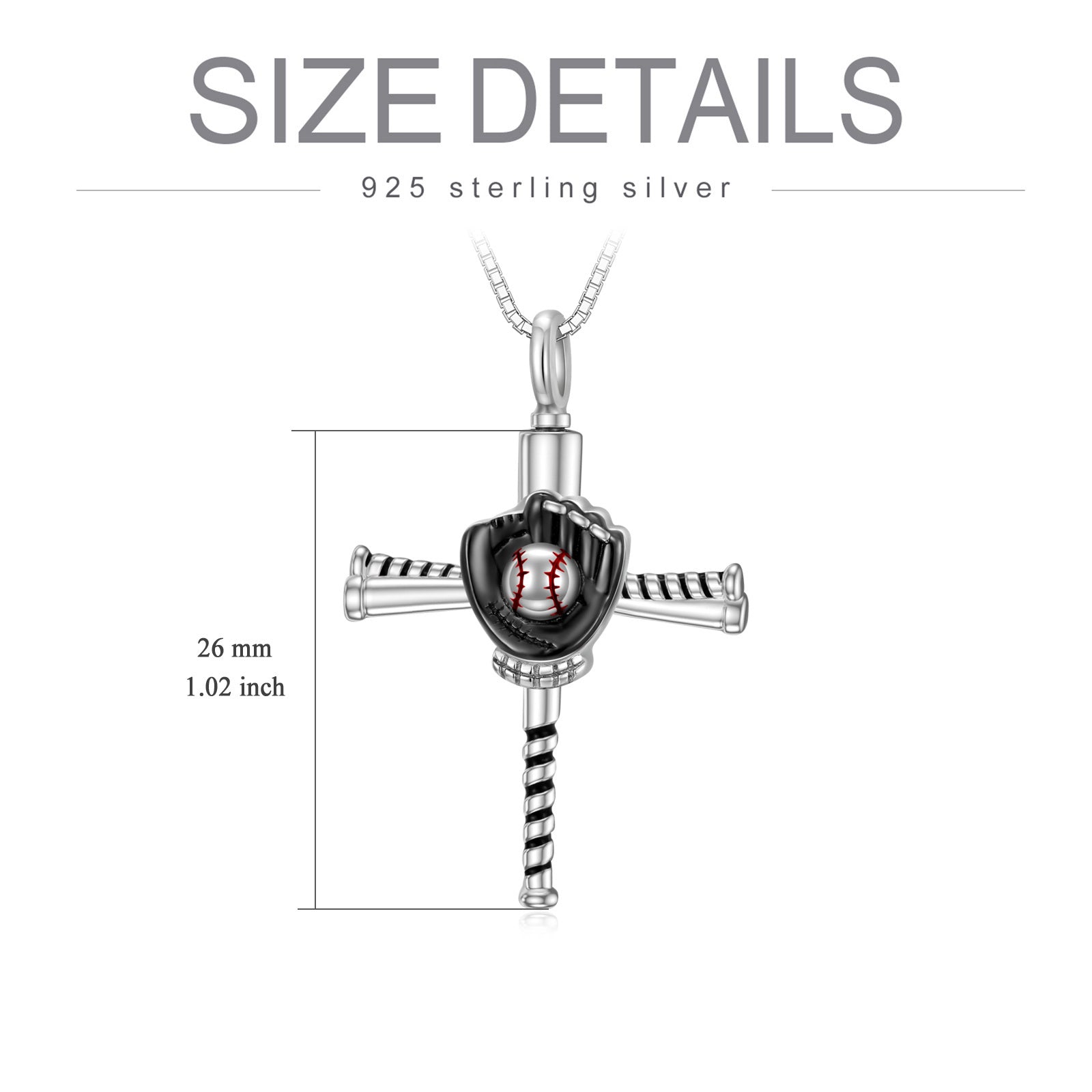 Sterling Silver Two-tone Baseball & Cross Urn Necklace for Ashes