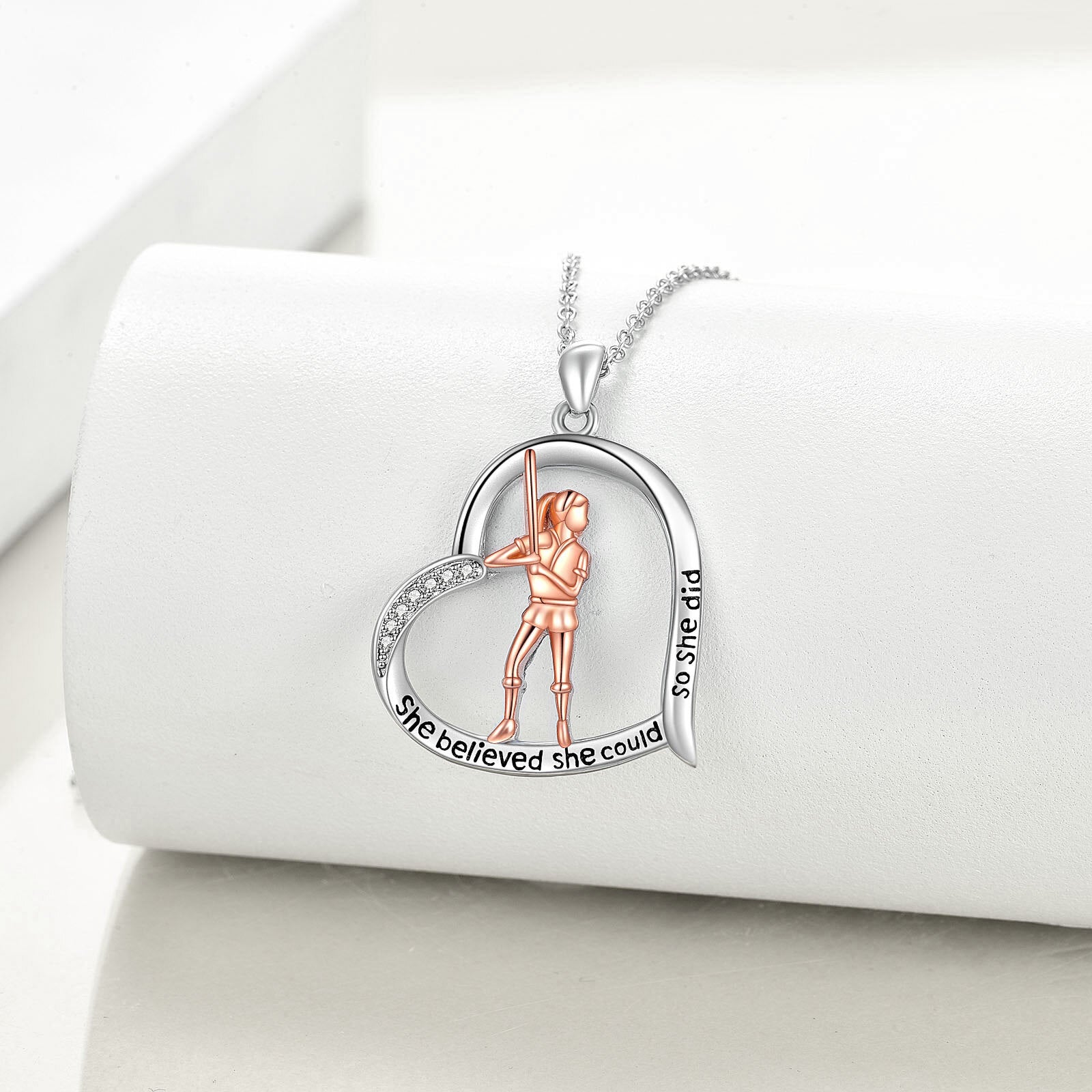 Sterling Silver Two-tone Cubic Zirconia Baseball & Heart Pendant Necklace with Engraved Word