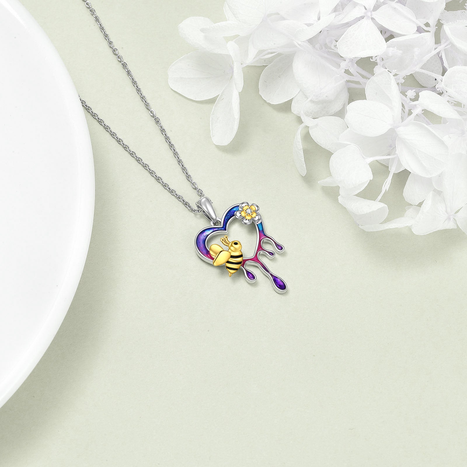 Sterling Silver Two-tone Bee & Heart Pendant Necklace