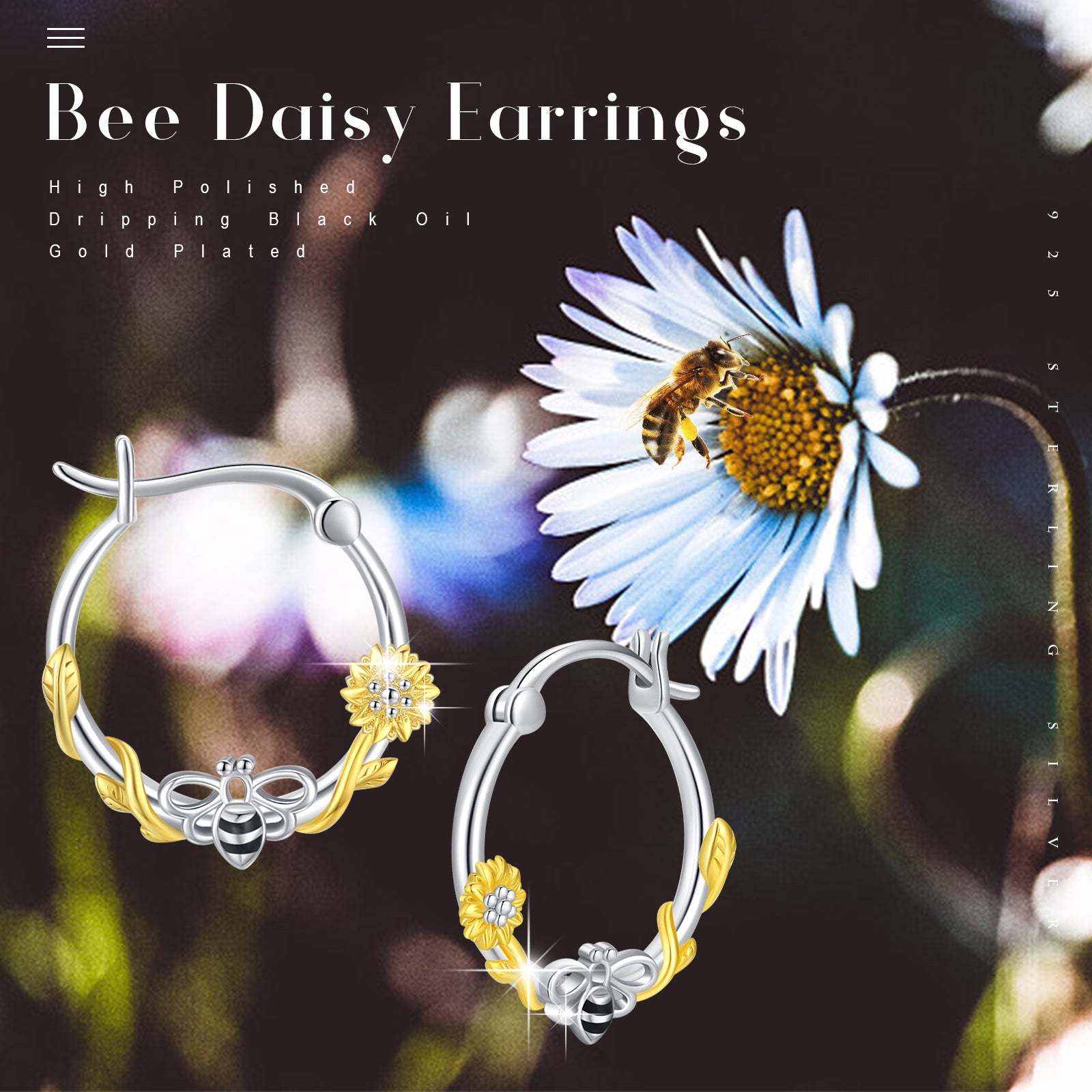 Sterling Silver Two-tone Bee & Sunflower Hoop Earrings
