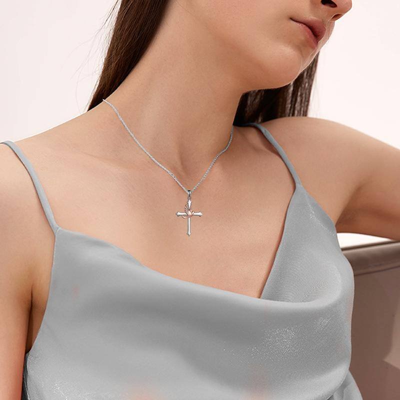 Sterling Silver Two-tone Bird & Cross Pendant Necklace