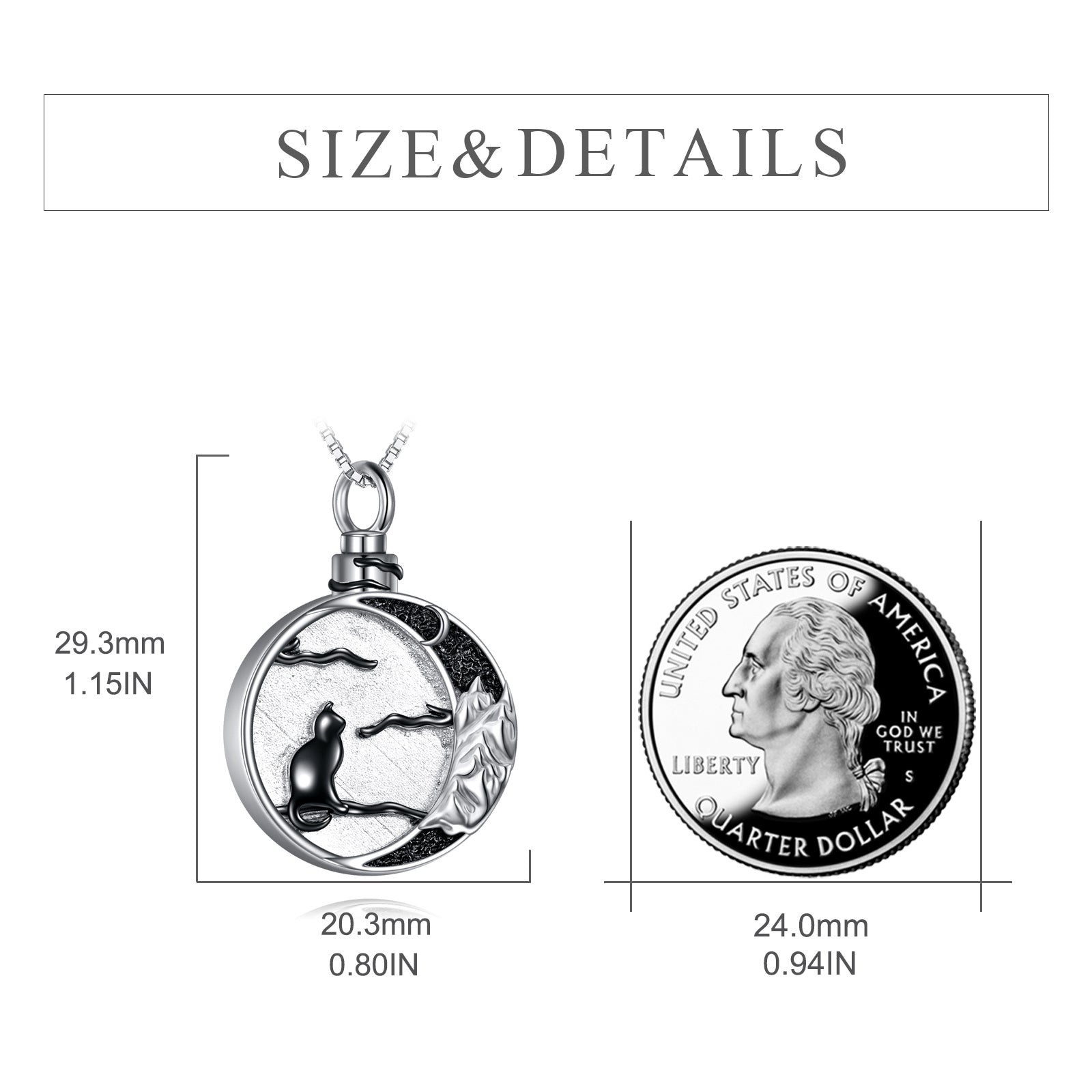 Sterling Silver Two-tone Black Cat Moon & Mountains Urn Necklace for Ashes