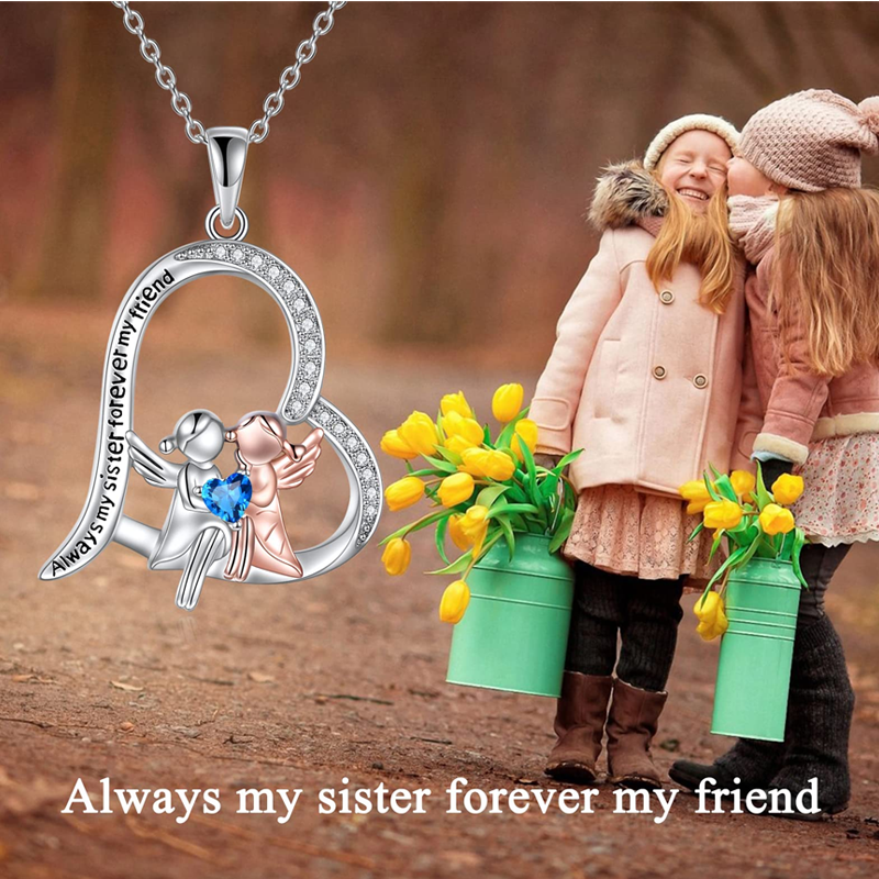 Sterling Silver Two-tone Blue Cubic Zirconia Sisters Heart Engraved Necklace for Women