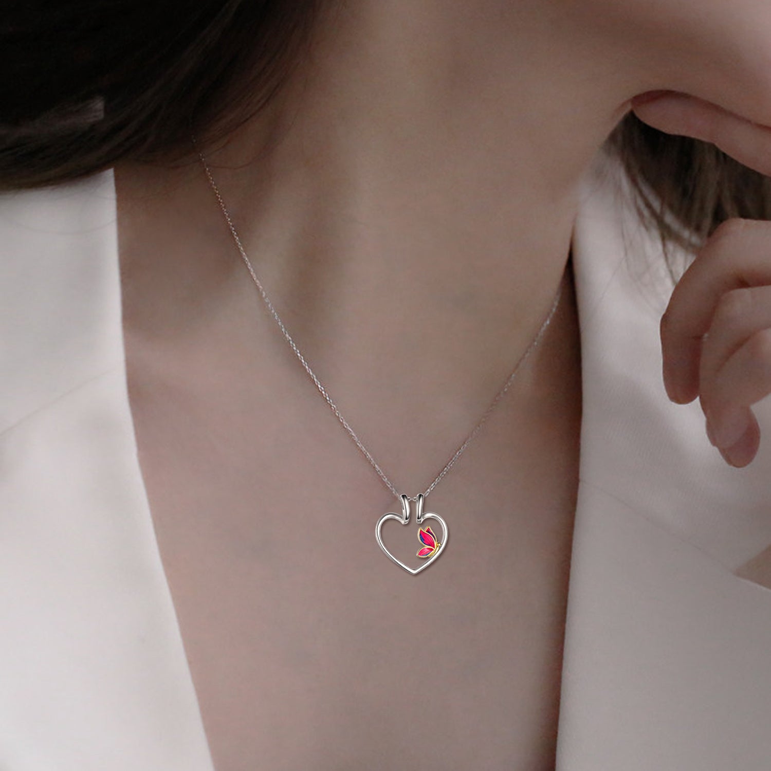 Sterling Silver Two-tone Butterfly & Heart Ring Holder Necklace for Women