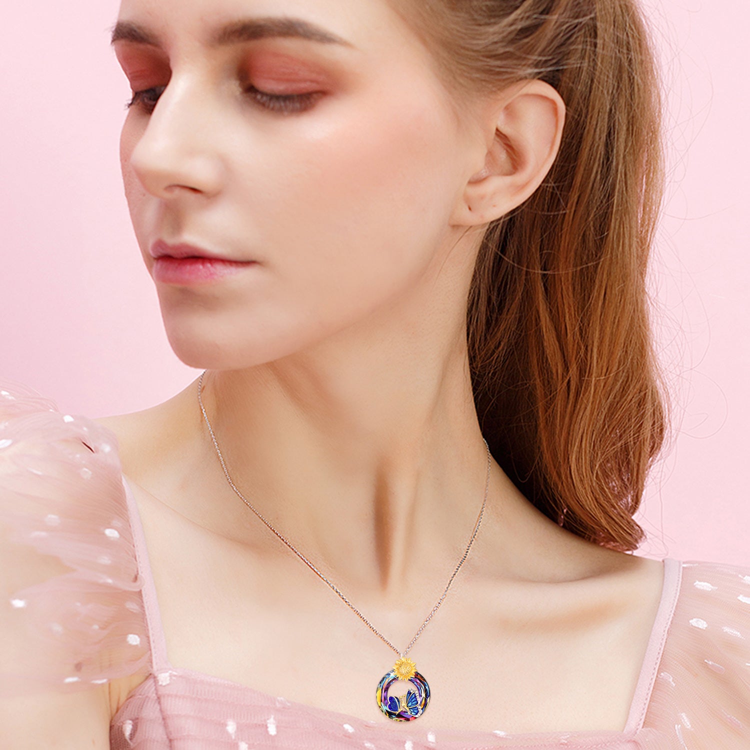 Sterling Silver Two-tone Butterfly & Sunflower Crystal Necklace for Women