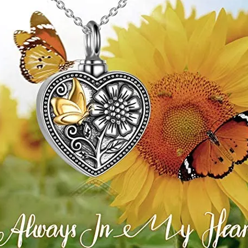 Sterling Silver Two-tone Butterfly & Sunflower & Heart Urn Necklace for Ashes with Word