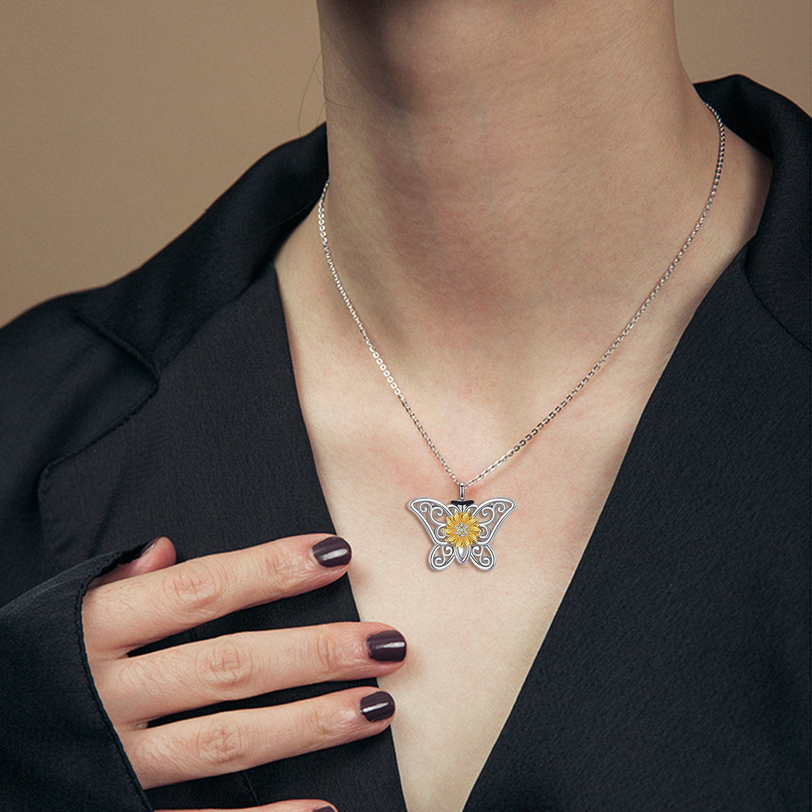 Sterling Silver Two-tone Cubic Zirconia Butterfly & Sunflower Urn Necklace for Ashes