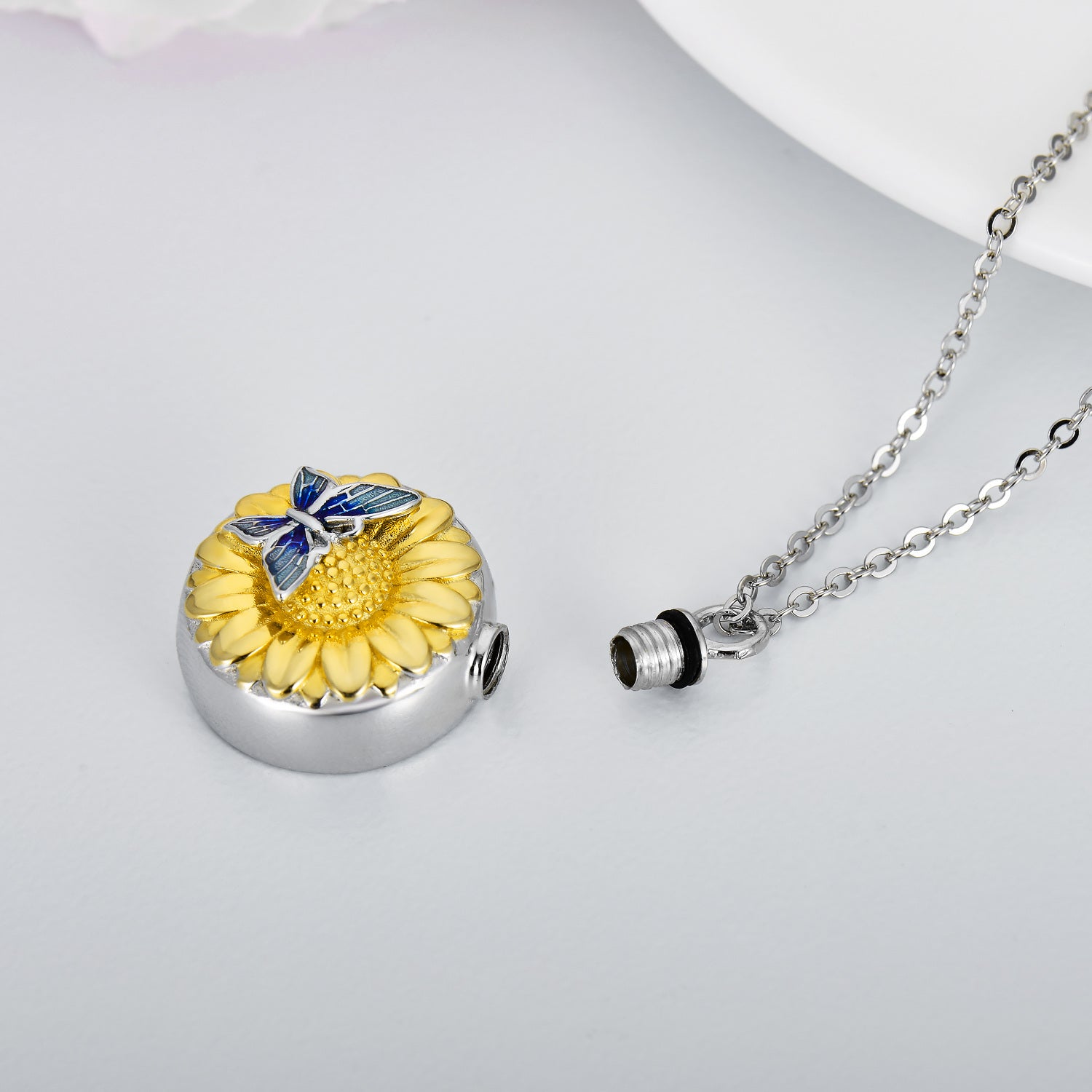 Sterling Silver Two-tone Butterfly & Sunflower Urn Necklace for Ashes with Engraved Word