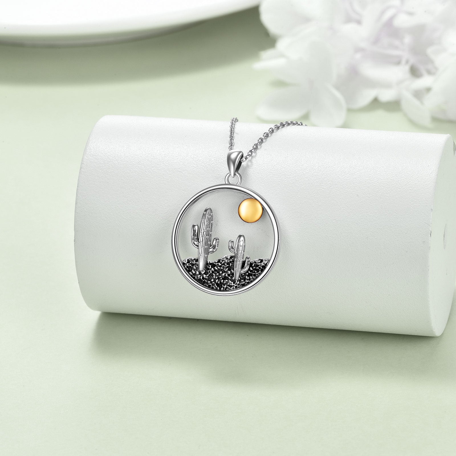 Sterling Silver Two-tone Cactus & Sun Pendant Necklace