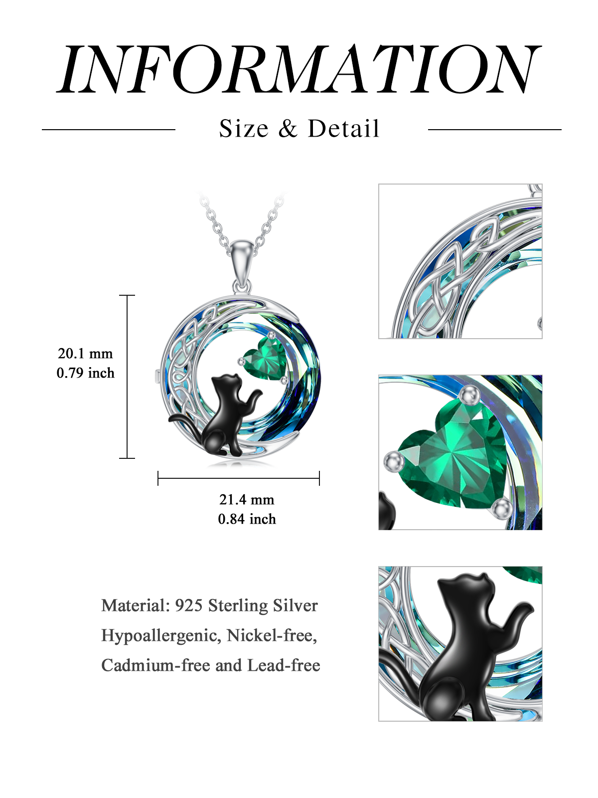 Sterling Silver Two-tone Cat & Celtic Knot & Moon Crystal Pendant Necklace