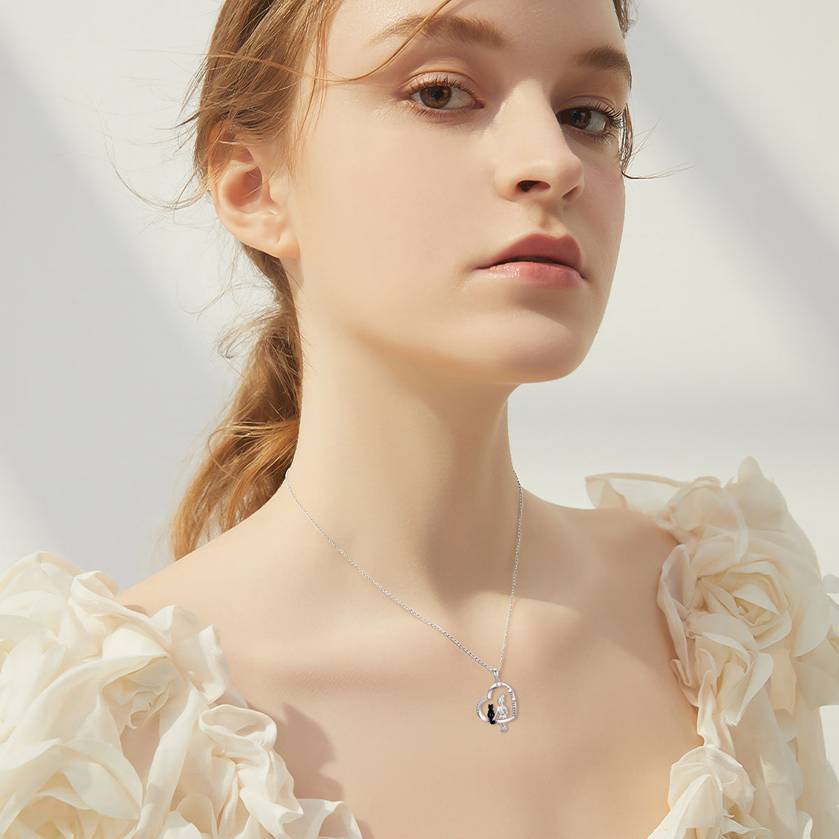 Sterling Silver Two-tone Cubic Zirconia Cat & Heart Pendant Necklace with Engraved Word
