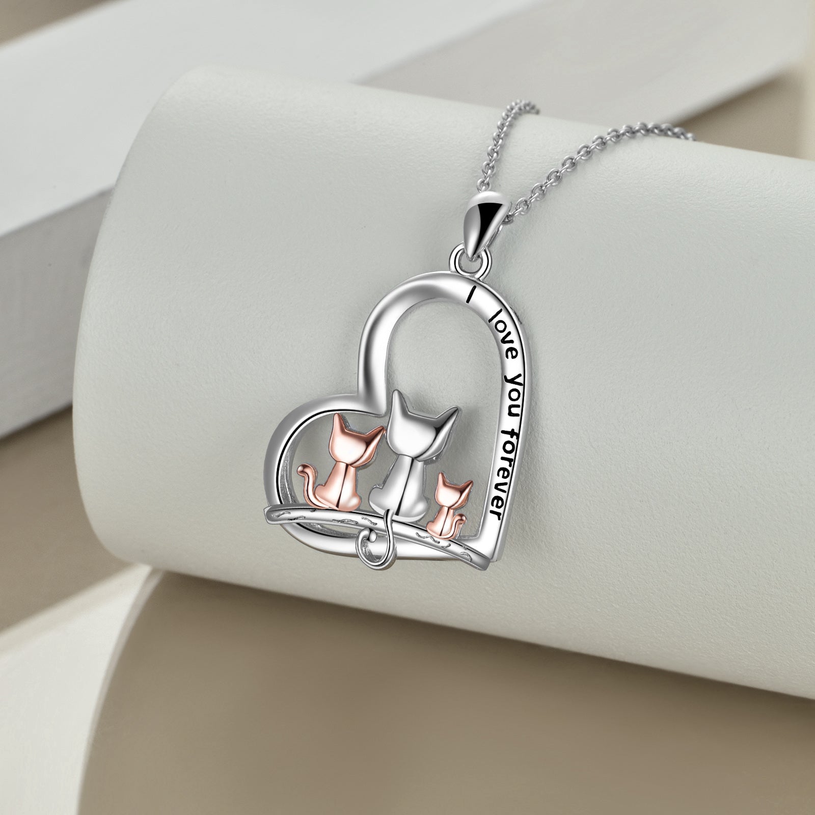 Sterling Silver Two-tone Cat & Heart Pendant Necklace with Engraved Word