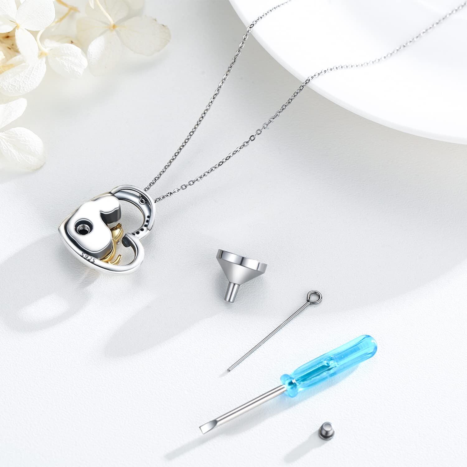 Sterling Silver Two-tone Cubic Zirconia Cat & Heart Urn Necklace for Ashes with Engraved Word