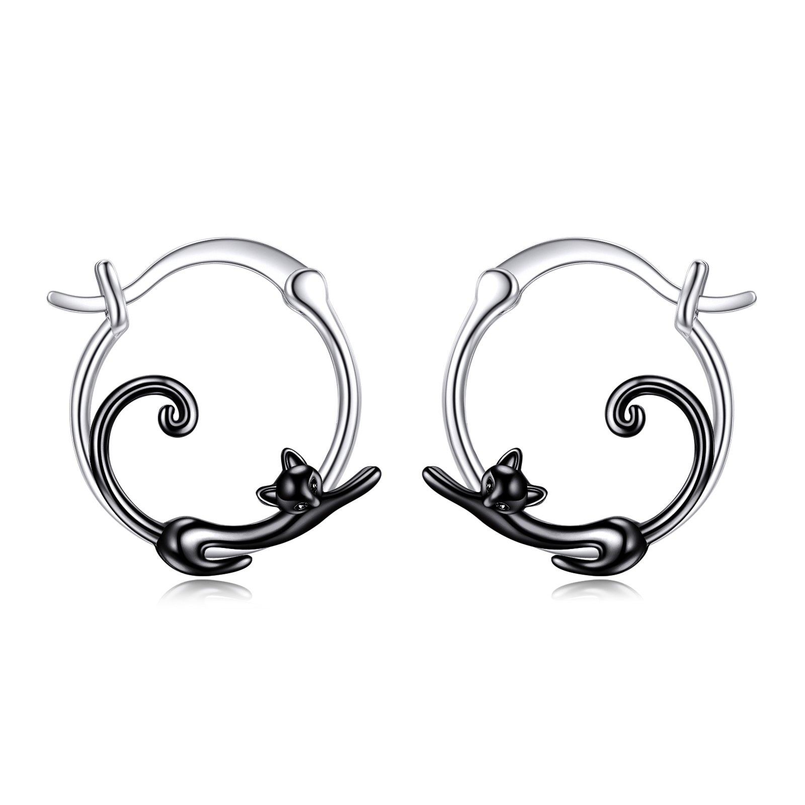 Sterling Silver Two-tone Cat Hoop Earrings