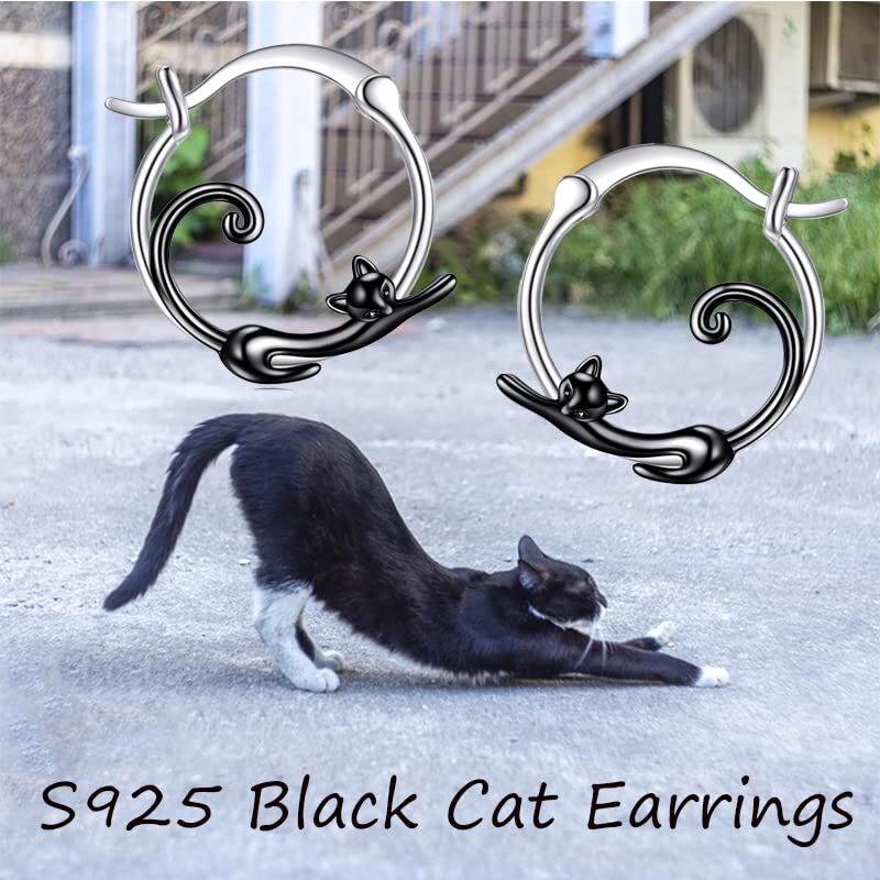 Sterling Silver Two-tone Cat Hoop Earrings