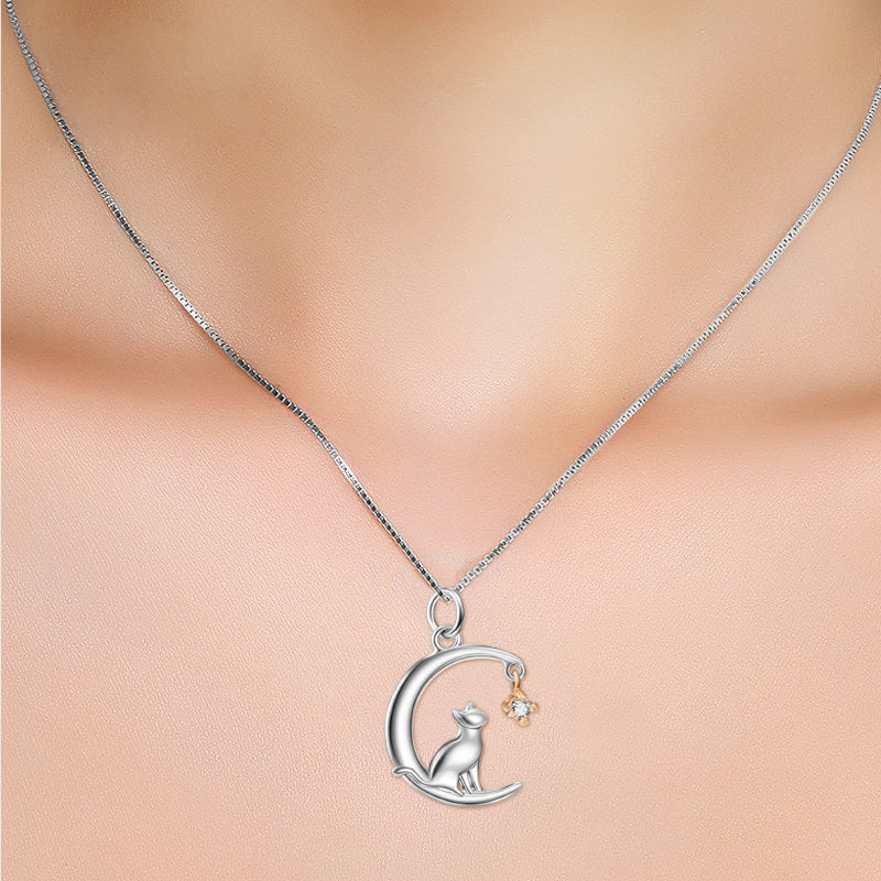 Sterling Silver Two-tone Cubic Zirconia Cat & Moon Pendant Necklace