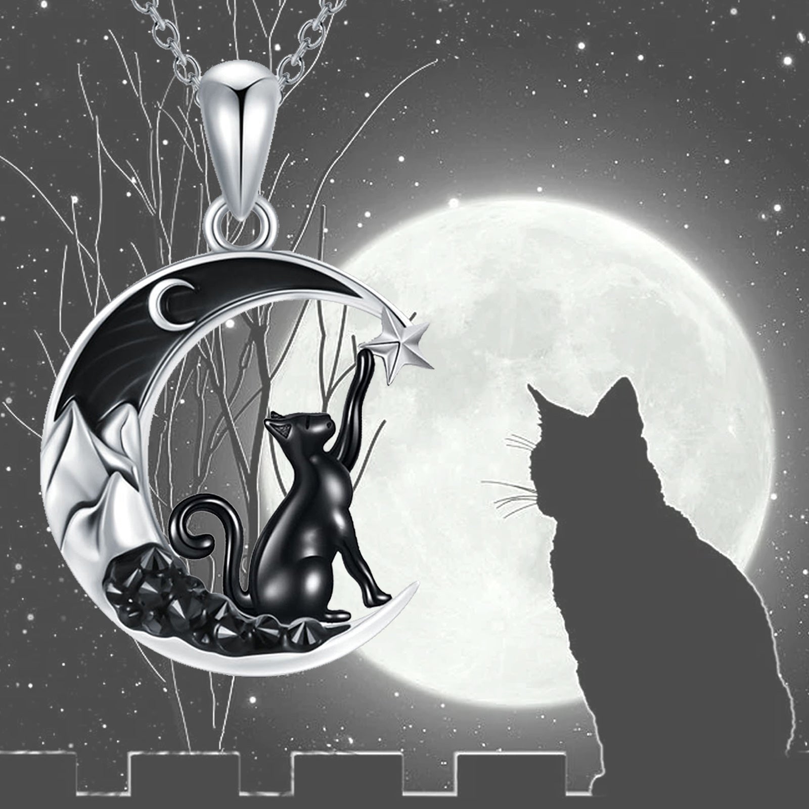 Sterling Silver Two-tone Cat & Moon Star Pendant Necklace