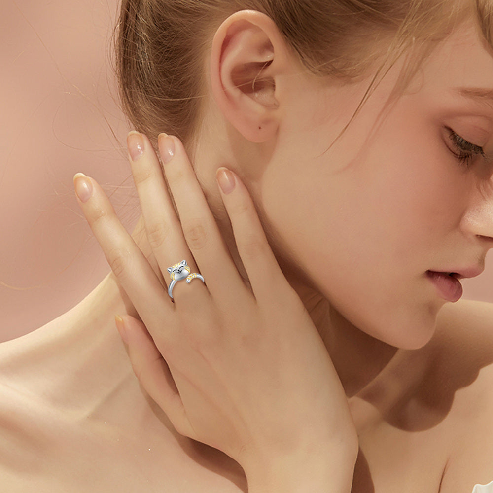Sterling Silver Two-tone Cat Open Ring