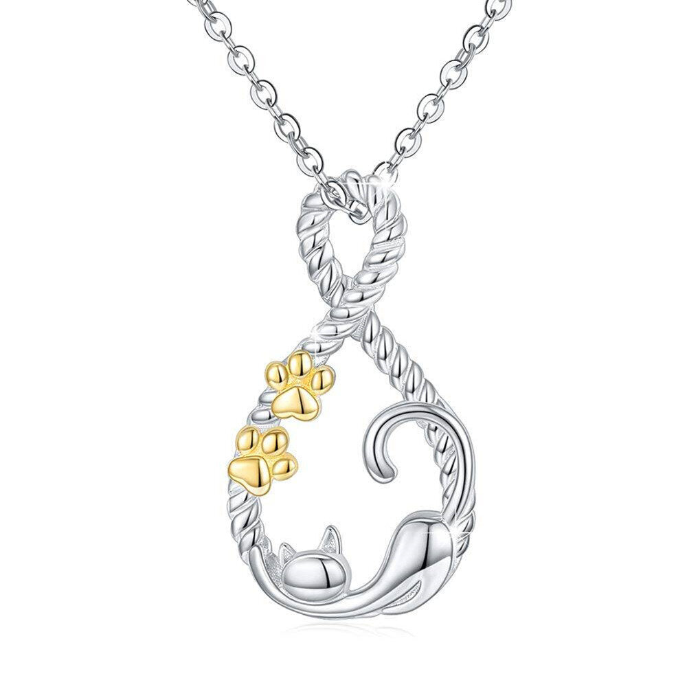 Sterling Silver Two-Tone Cat Paw And Infinity Symbol Pendant Necklace For Women