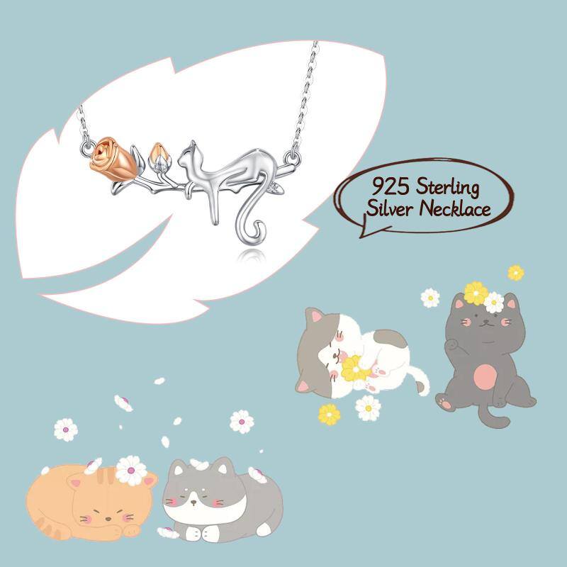 Sterling Silver Two-tone Cat & Rose Pendant Necklace