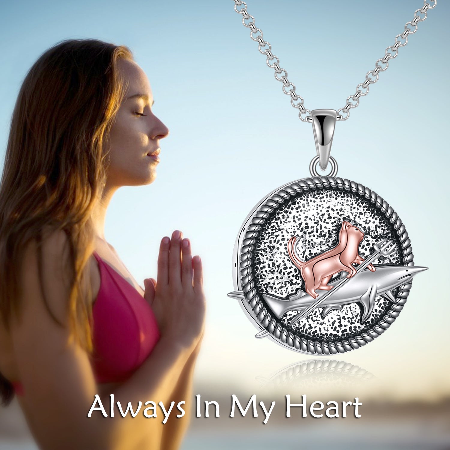 Sterling Silver Two-tone Cat & Shark Urn Necklace for Ashes