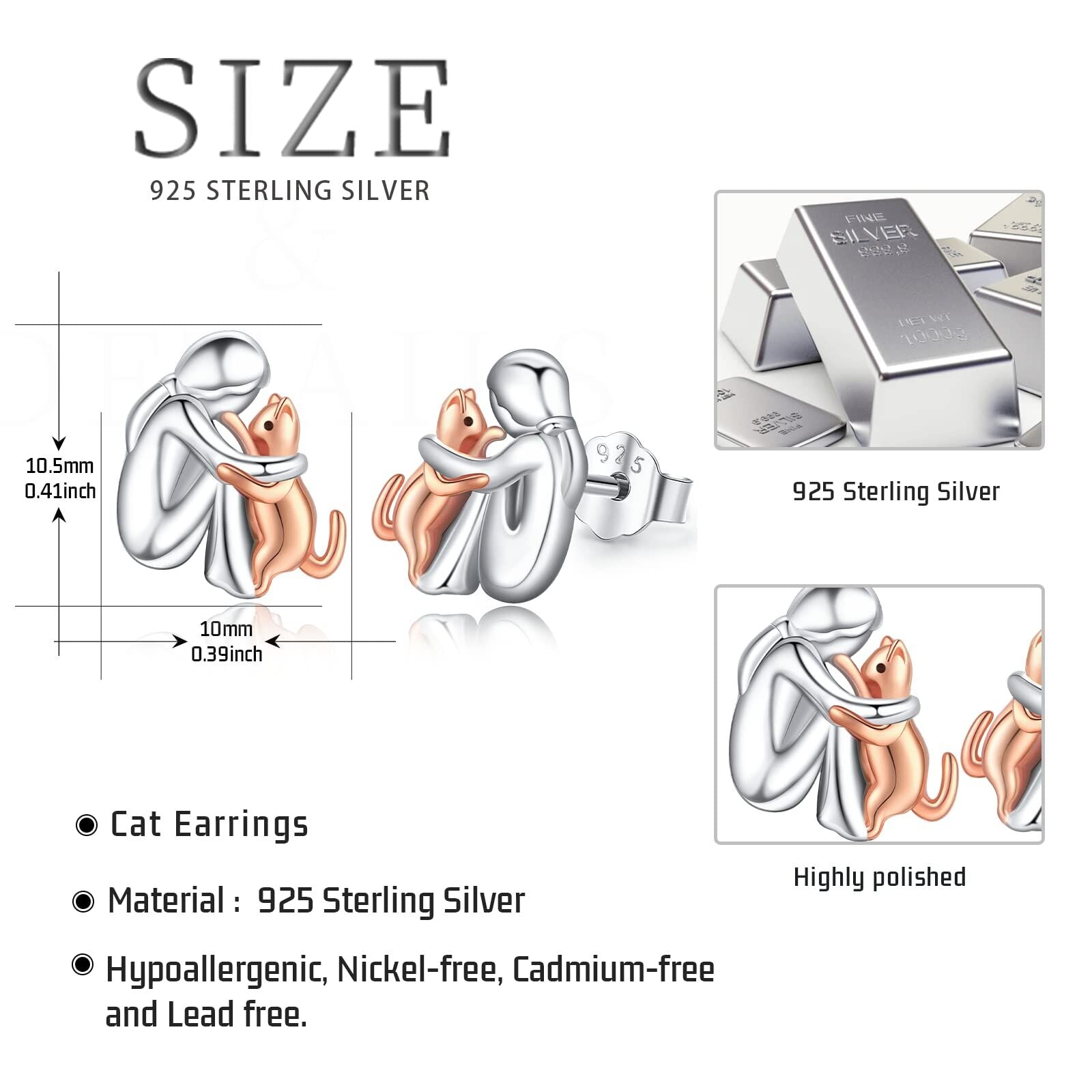Sterling Silver Two-tone Cat Stud Earrings