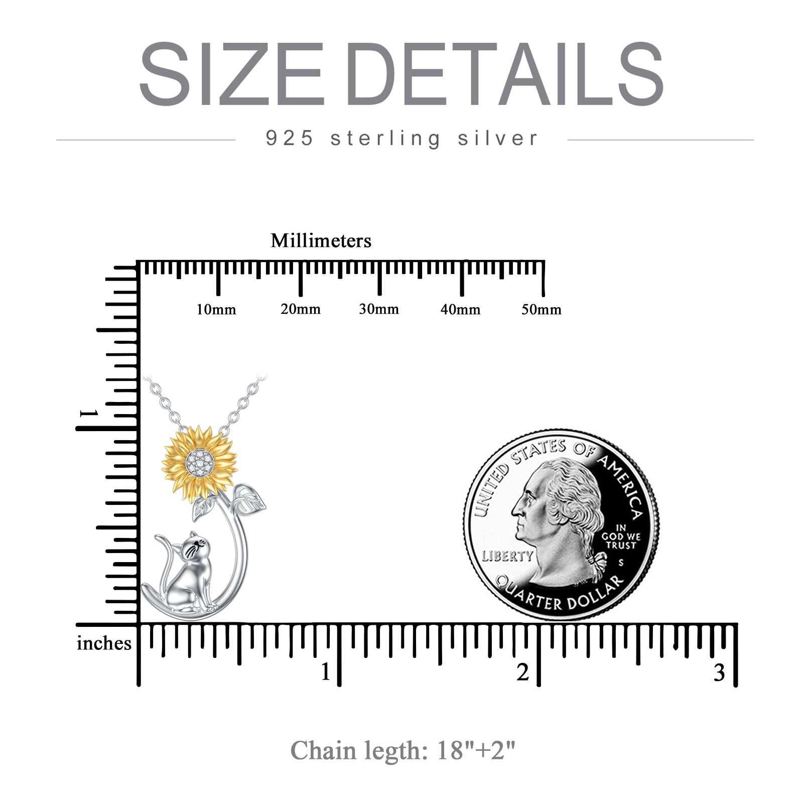 Sterling Silver Two-tone Cubic Zirconia Cat & Sunflower Pendant Necklace