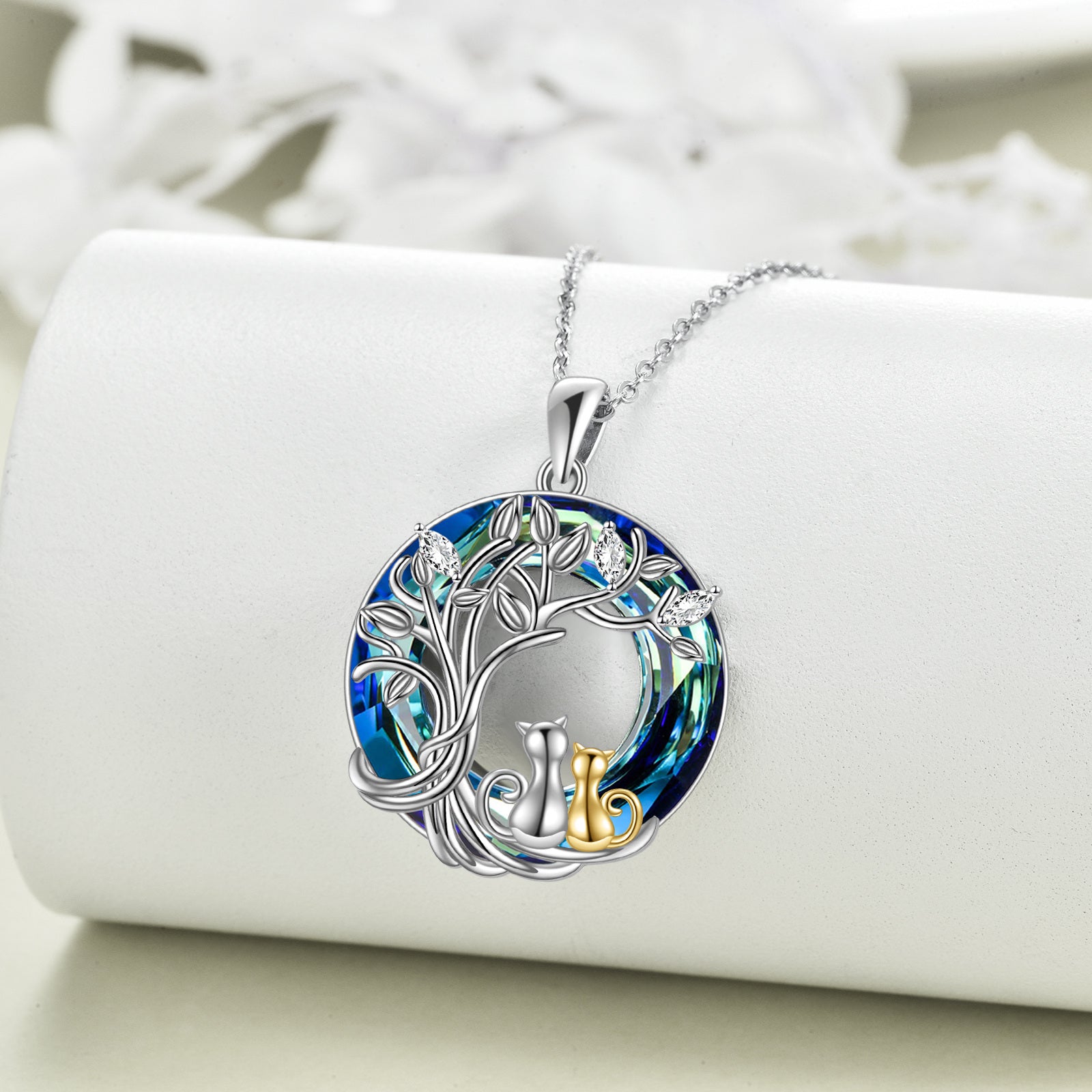 Sterling Silver Two-tone Cat & Tree Of Life Crystal Pendant Necklace for Women
