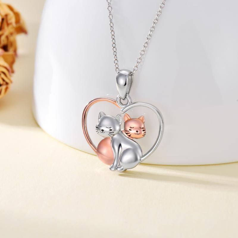 Sterling Silver Two-tone 2 Cats & Heart Pendant Necklace