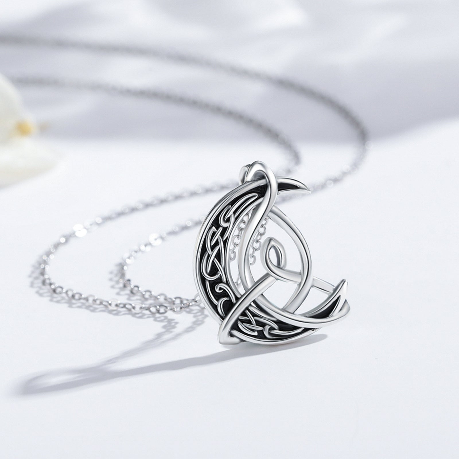 Sterling Silver Two-tone Celtic Knot & Moon Pendant Necklace