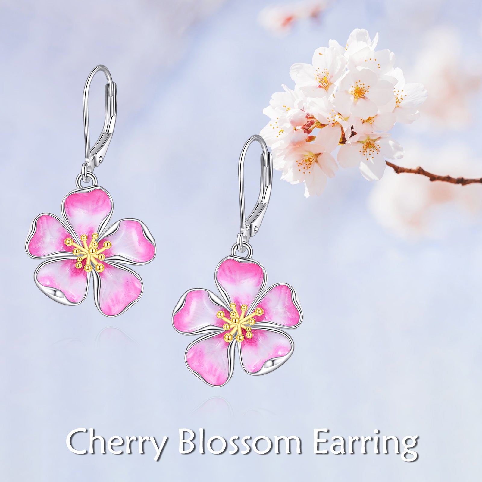 Sterling Silver Two-tone Cherry Blossom Lever-back Earrings