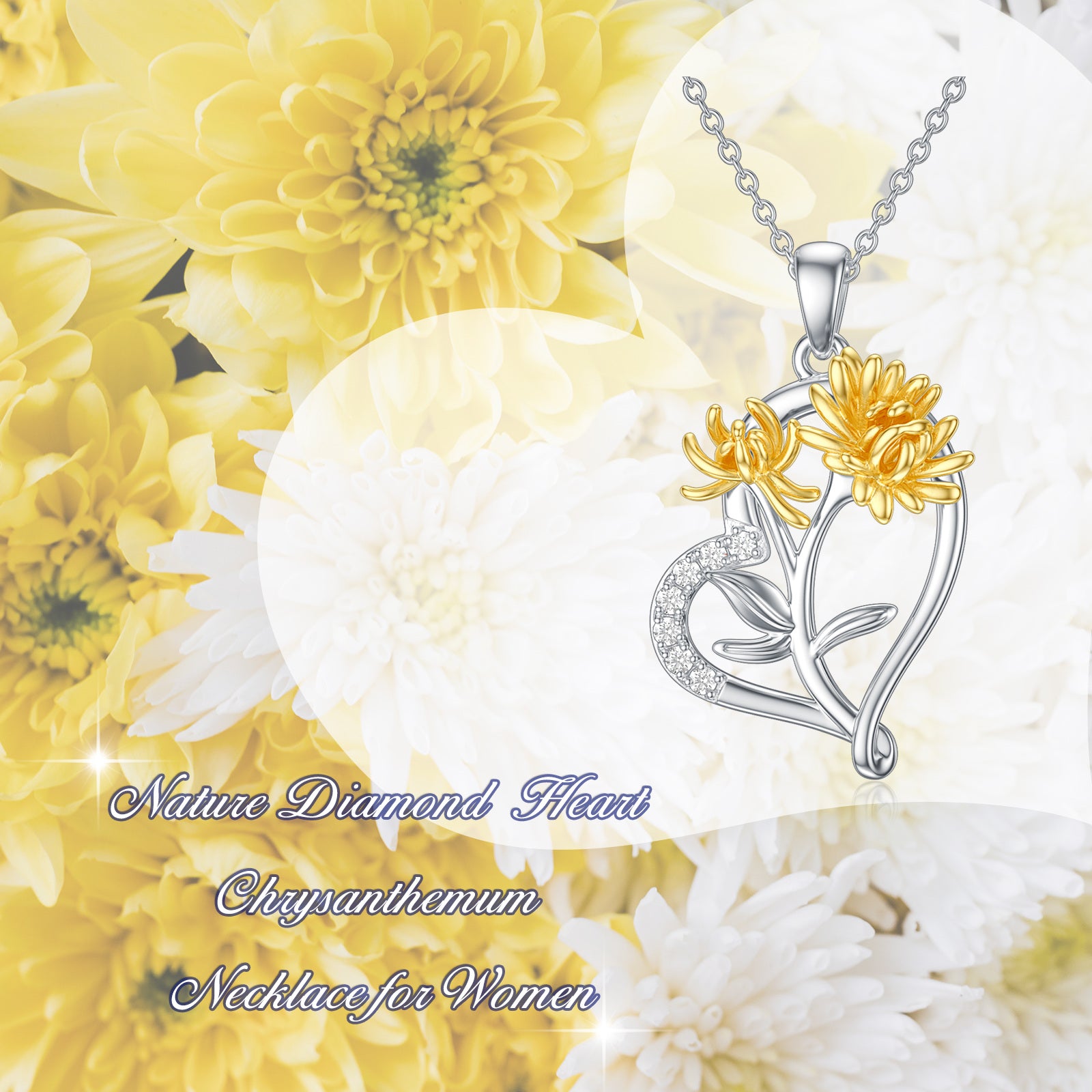 Sterling Silver Two-tone Cubic Zirconia Chrysanthemum & Heart Pendant Necklace