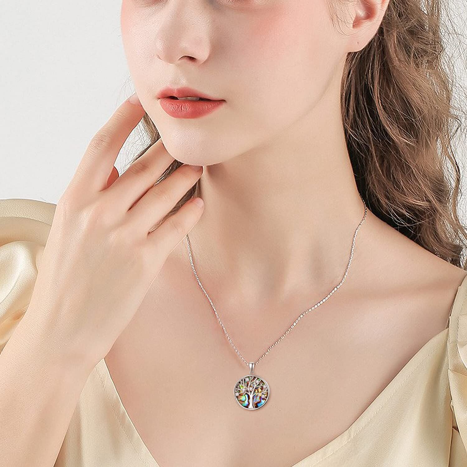 Sterling Silver Two-tone Circular Shaped Abalone Shellfish Bird & Tree Of Life Pendant Necklace