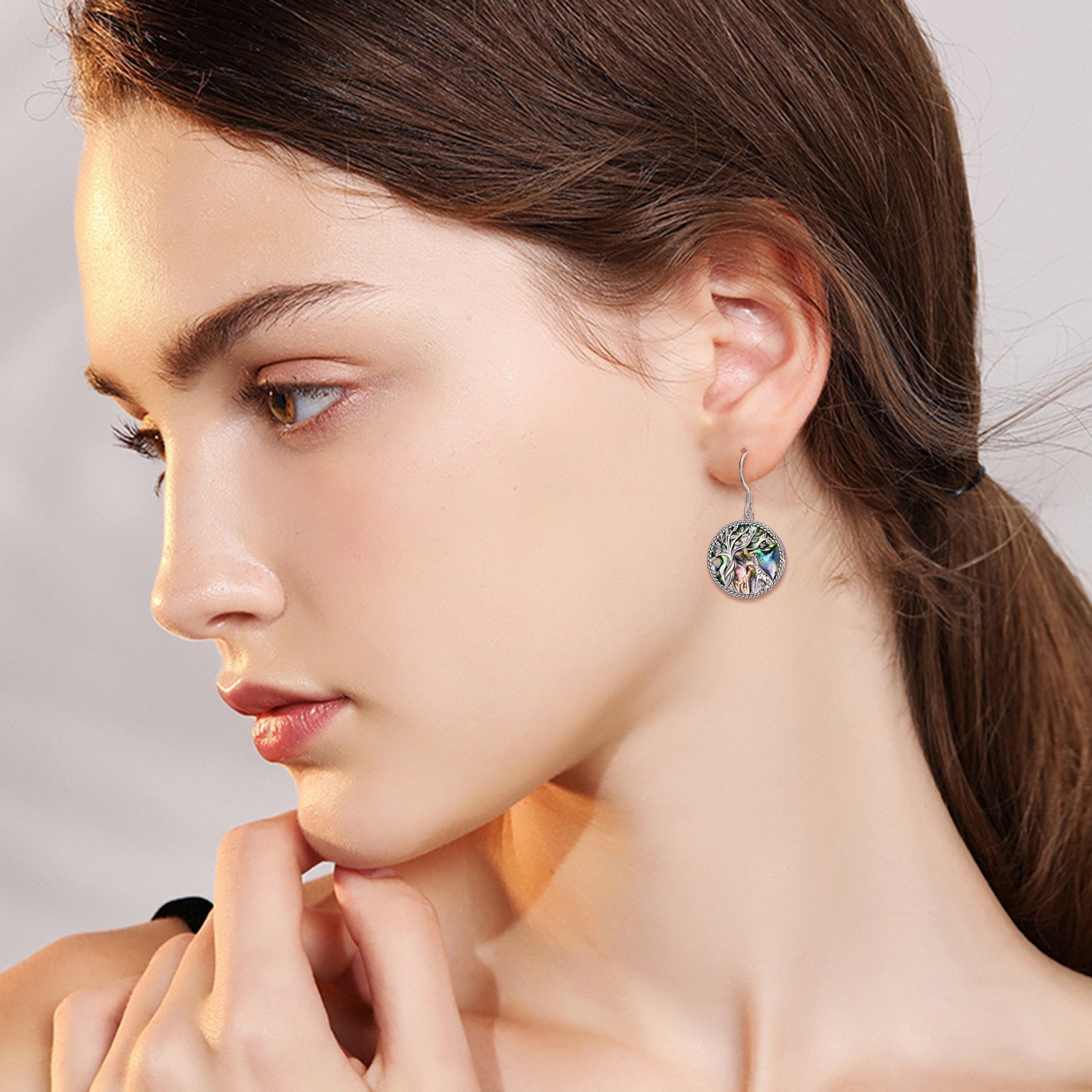 Sterling Silver Two-tone Circular Shaped Abalone Shellfish Giraffe & Tree Of Life Drop Earrings
