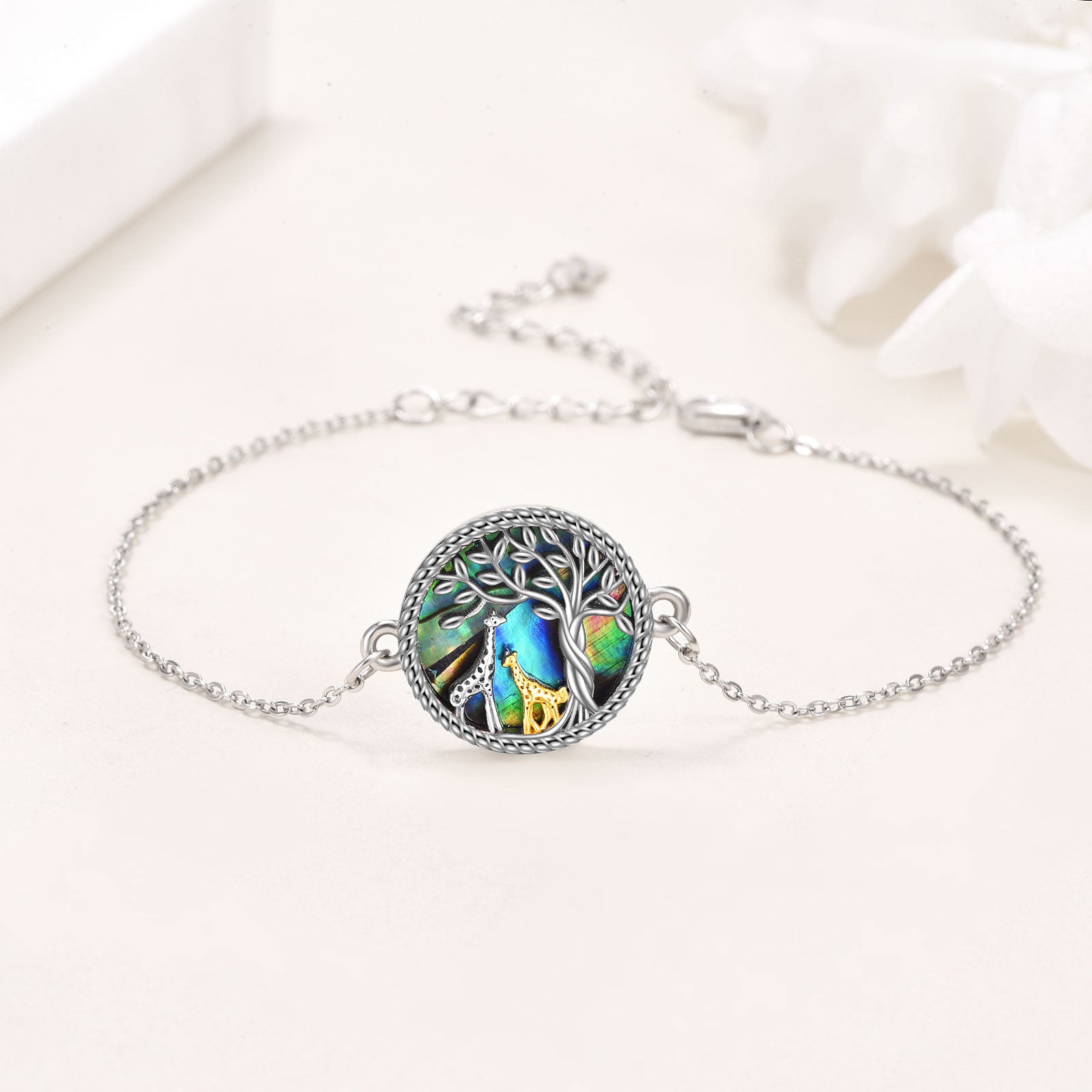 Sterling Silver Two-tone Circular Shaped Abalone Shellfish Giraffe & Tree Of Life Charm Bracelet