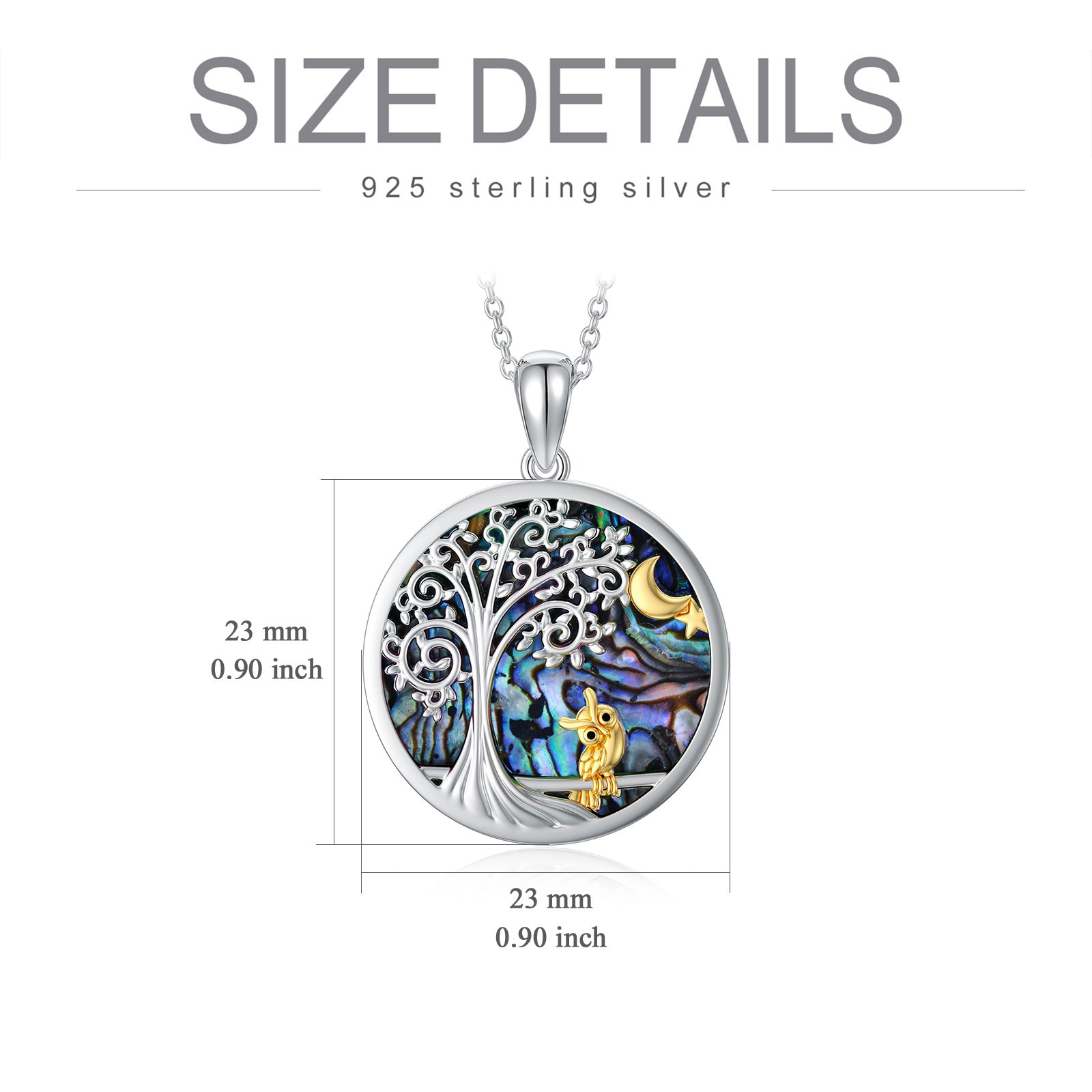 Sterling Silver Two-tone Circular Shaped Abalone Shellfish Owl & Tree Of Life Pendant Necklace