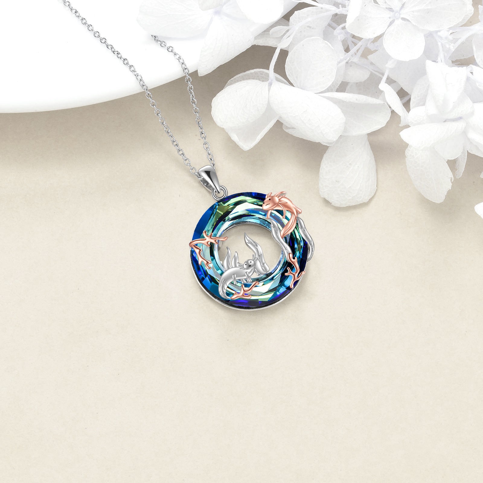 Sterling Silver Two-tone Circular Shaped Axolotl Crystal Pendant Necklace