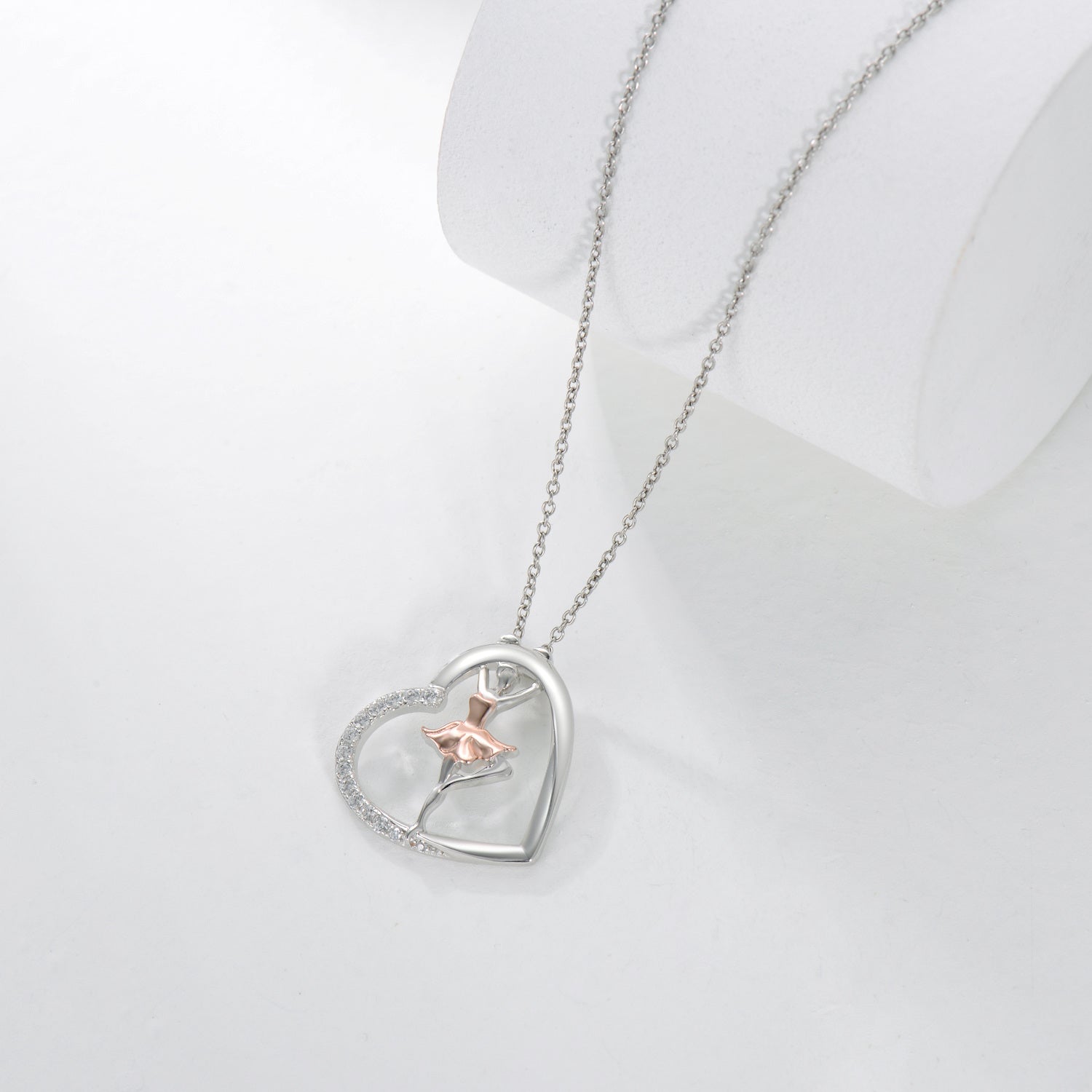 Sterling Silver Two-tone Circular Shaped Cubic Zirconia Ballet Dancer & Heart Pendant Necklace