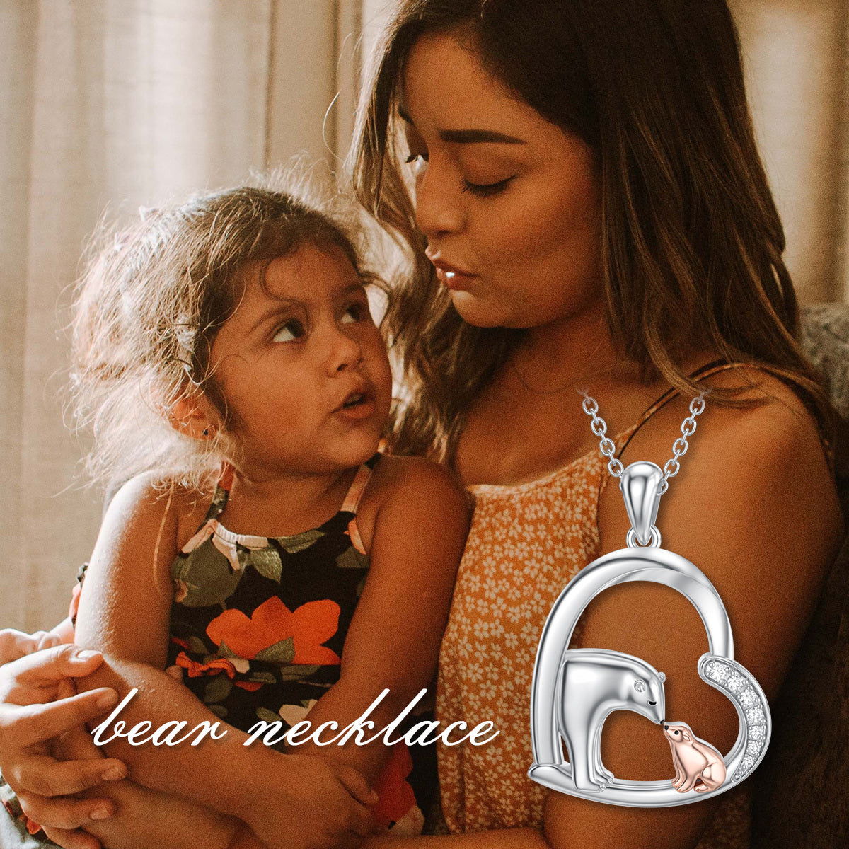 Sterling Silver Two-tone Circular Shaped Cubic Zirconia Bear & Heart Pendant Necklace