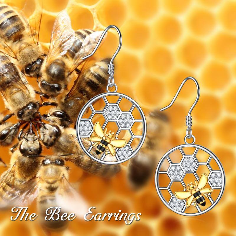 Sterling Silver Two-tone Circular Shaped Cubic Zirconia Bee & Honeycomb Drop Earrings